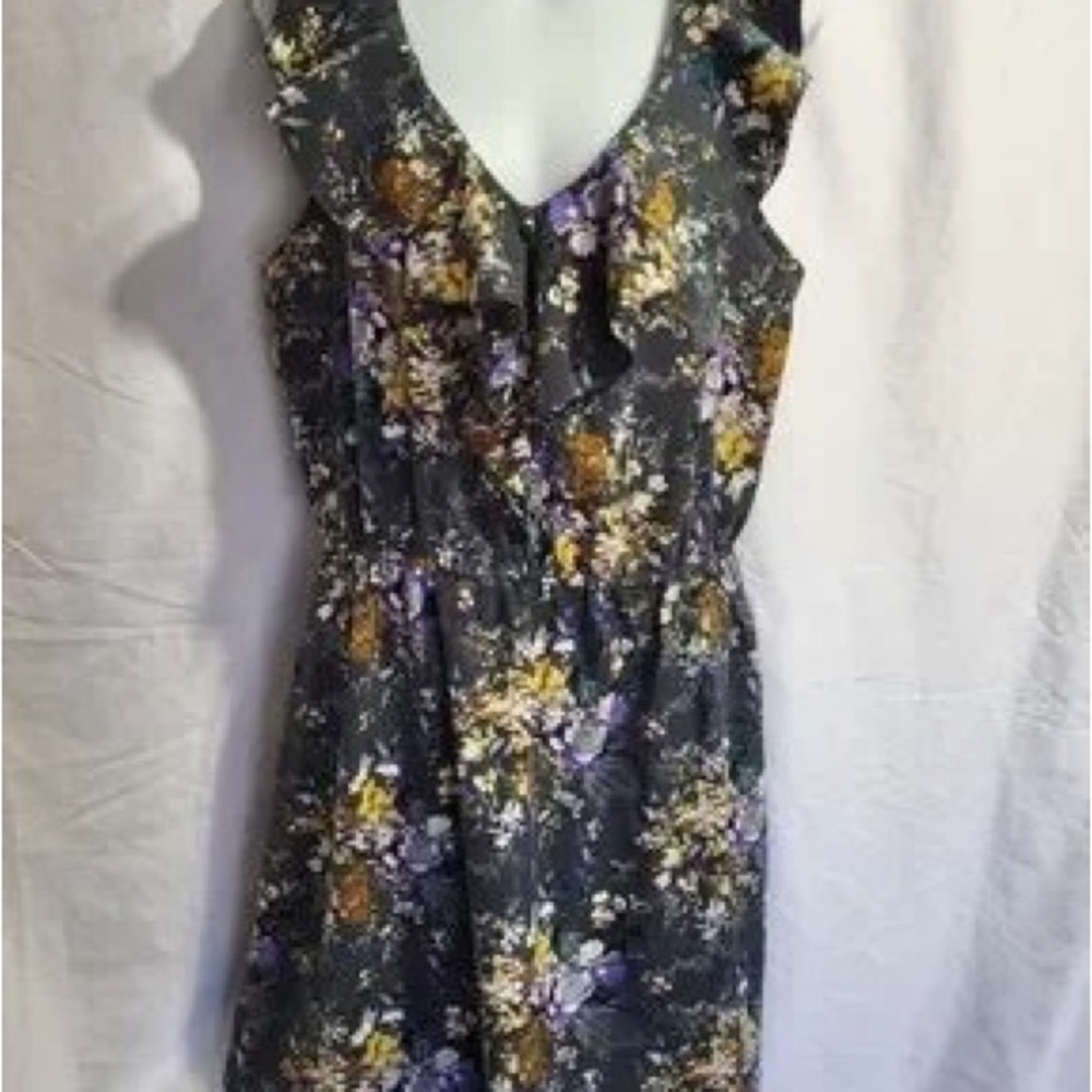 Kismet Black Floral Ruffle V-Neck Dress with Purple & Yellow Accents